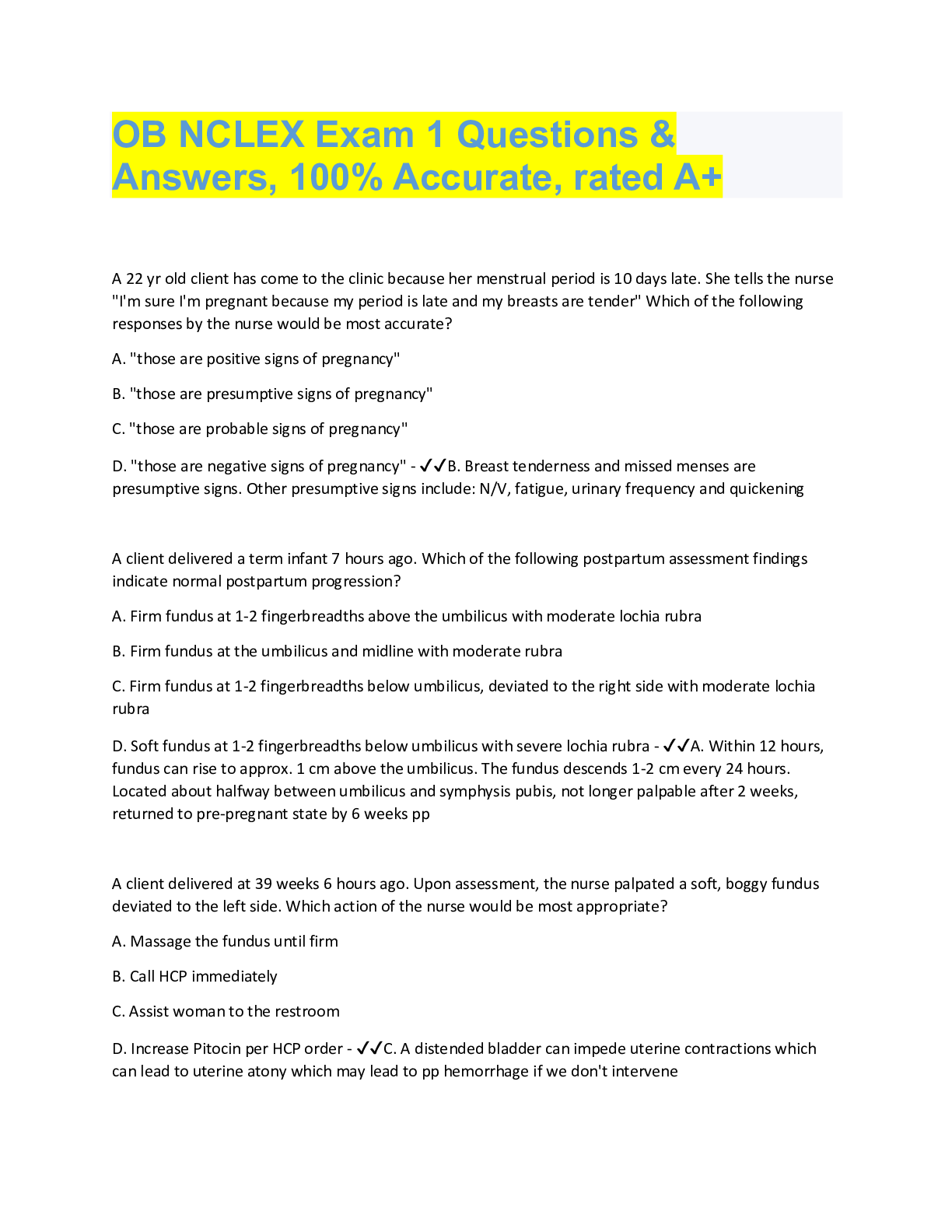 Preview image for OB NCLEX Exam 1 Questions &  Answers, 100% Accurate, rated A+